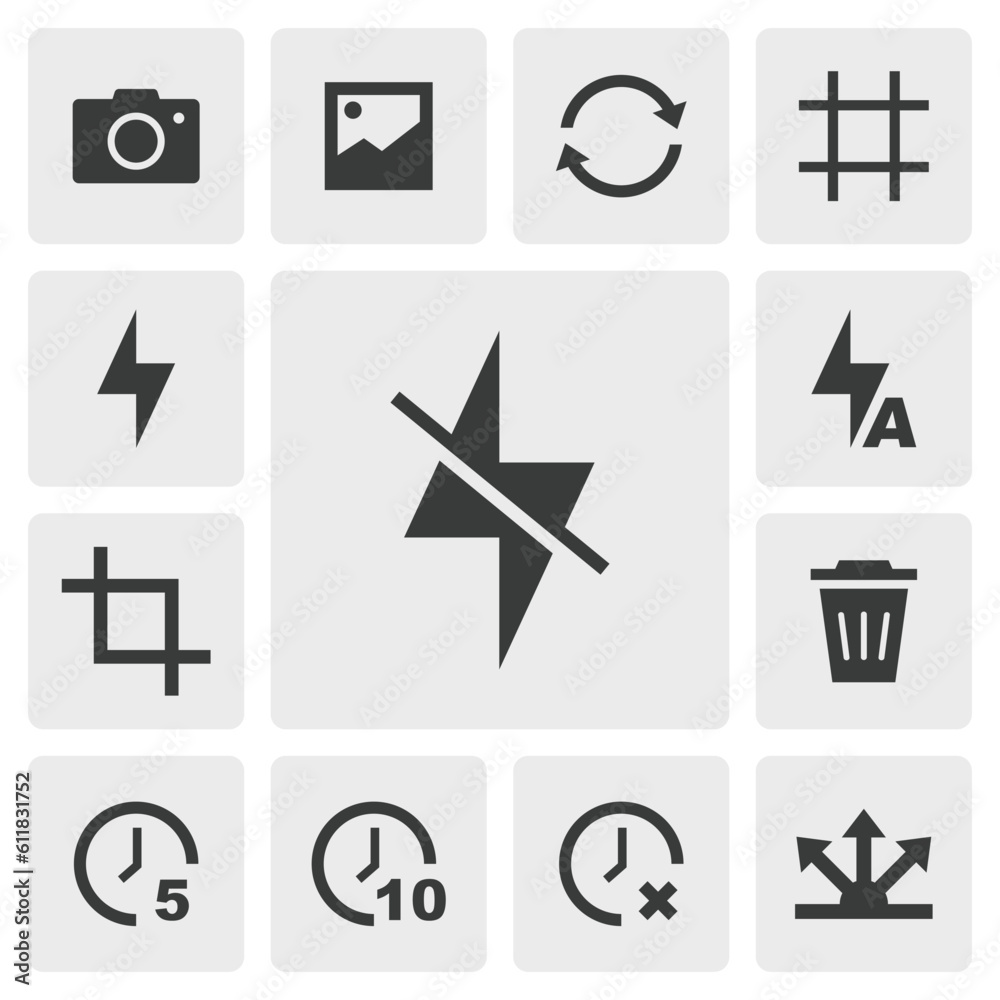 Flash off icon vector design. Simple set of smartphone camera app icons silhouette, solid black icon. Phone application icons concept. Flash off, flash auto, timer, switch camera icons buttons