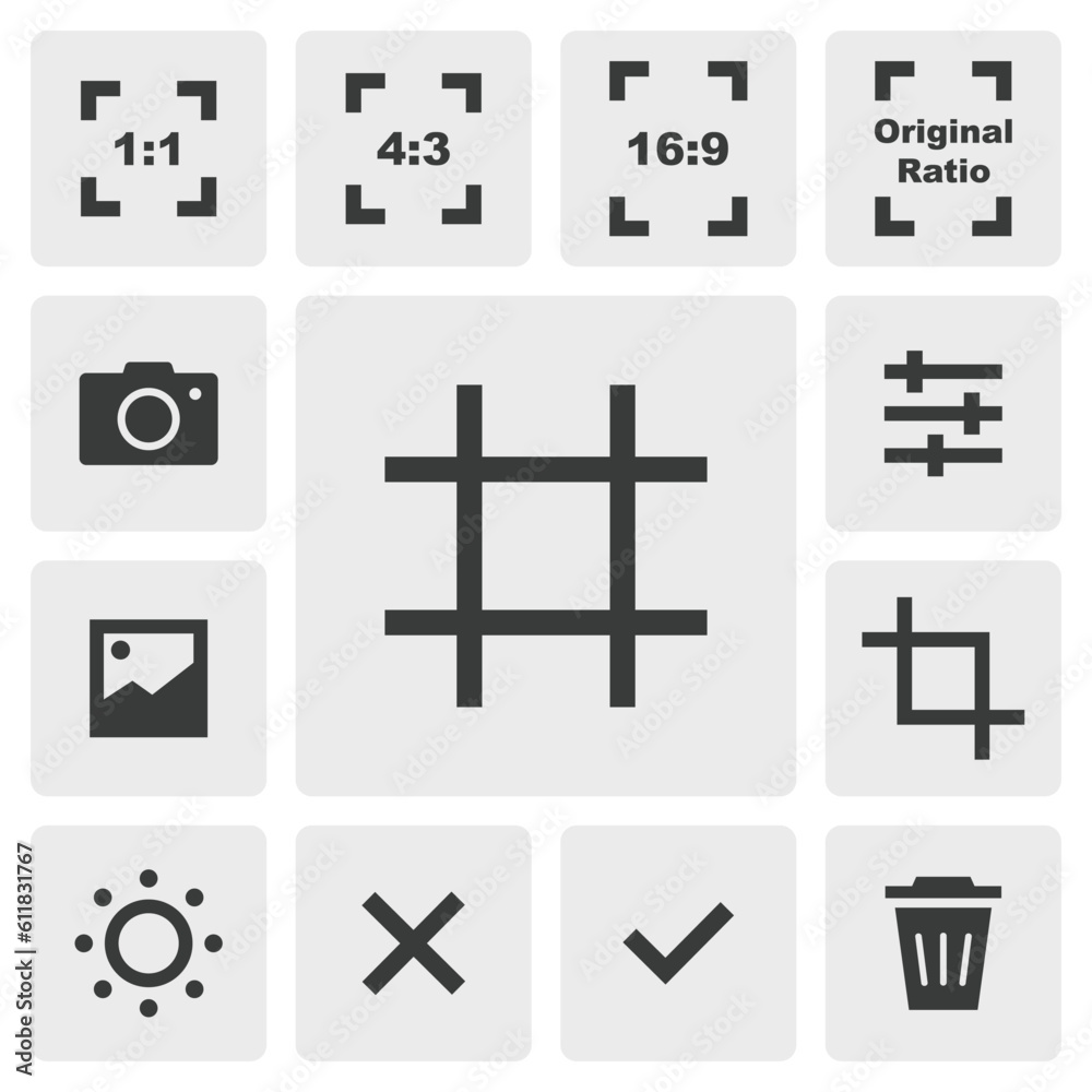 Grid icon vector design. Simple set of smartphone camera app icons silhouette, solid black icon. Phone application icons concept. Grid, crop, ratio, camera, adjust, gallery, delete icons buttons Grid icon vector design. Simple set of smartphone camera app icons silhouette, solid black icon. Phone application icons concept. Grid, crop, ratio, camera, adjust, gallery, delete icons buttons