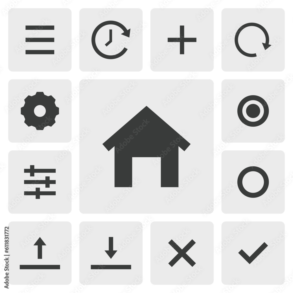 Home icon vector design. Simple set of smartphone app icons silhouette, solid black icon. Phone application icons concept. Homepage, menu, add, setting, okay, cancel icons buttons Home icon vector design. Simple set of smartphone app icons silhouette, solid black icon. Phone application icons concept. Homepage, menu, add, setting, okay, cancel icons buttons