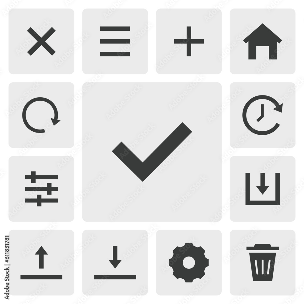 Okay icon vector design. Simple set of smartphone app icons silhouette, solid black icon. Phone application icons concept. Ok, select, checked, tick, cancel, menu, add, home, save, setting buttons Okay icon vector design. Simple set of smartphone app icons silhouette, solid black icon. Phone application icons concept. Ok, select, checked, tick, cancel, menu, add, home, save, setting buttons