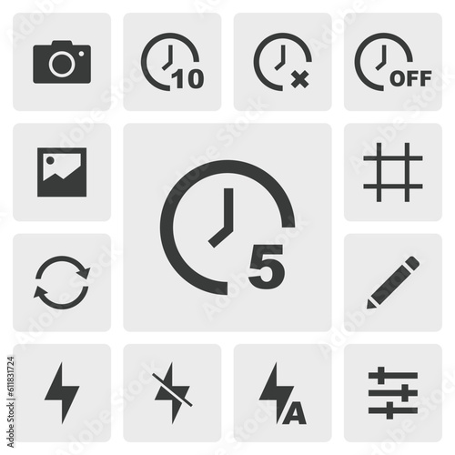 Camera timer icon vector design. Simple set of photo editor app icons silhouette, solid black icon. Phone application icons concept. Timer 5 seconds, 10 seconds, timer off, switch camera icons buttons