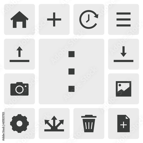 Option icon vector design. Simple set of smartphone app icons silhouette, solid black icon. Phone application icons concept. Menu, option, home, add, recent, upload, share, delete, setting buttons