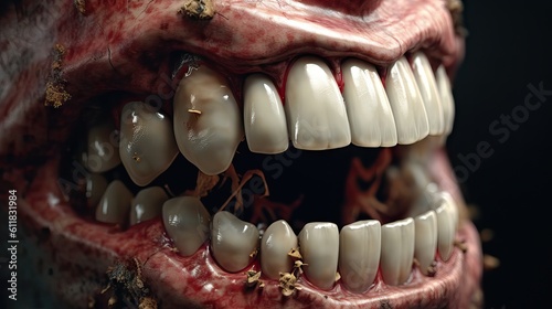 Graphic illustration of a dirty and deteriorated dentition, symbolizing the lack of oral hygiene and care. The image emphasizes the need for dental health. Generative AI