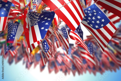 Vibrant unity: The flag of America and isolated garlands of pennants come together in a lively illustration, offering ample space for your words. Generative AI