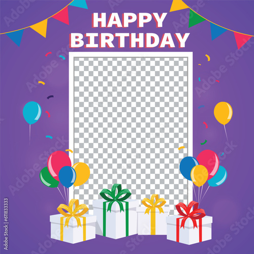 Happy birthday photo frame  with balloons and gift boxes  vector 