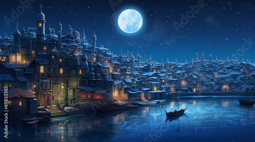 A boat floating near an ancient city under a clear night sky with full moon 