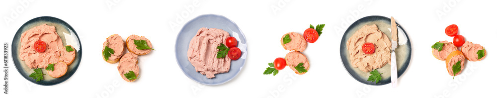 Collage of tasty pate on white background, top view Collage of tasty pate on white background, top view