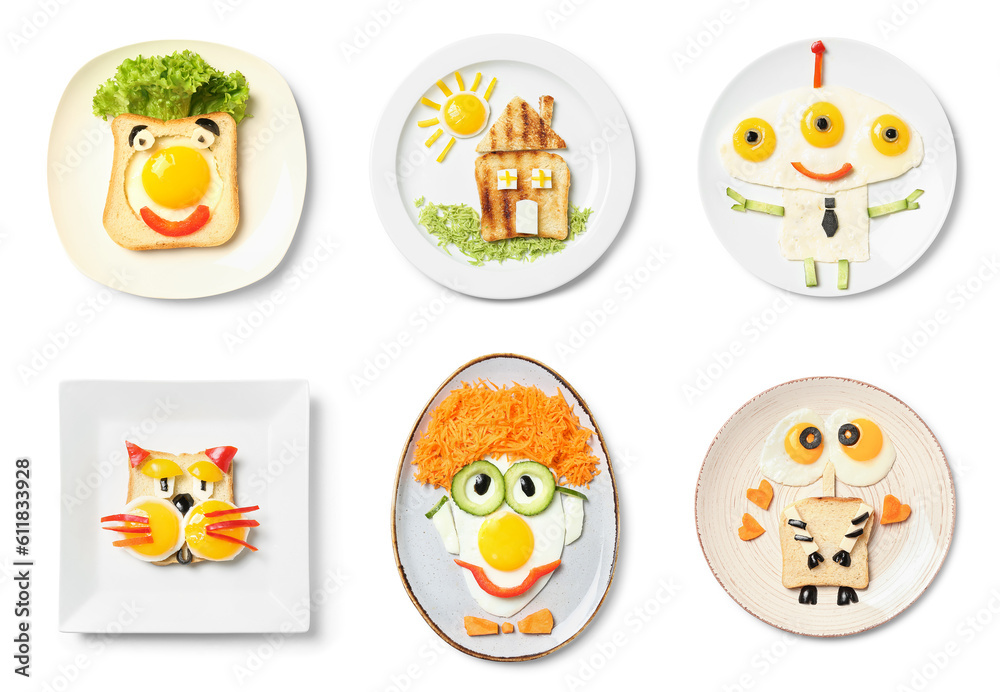 Collage of plates with funny children's breakfasts on white background, top view