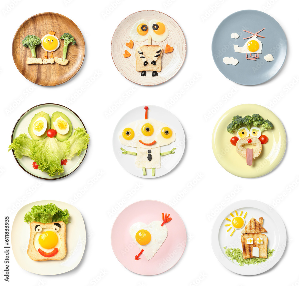 Fototapeta premium Collage of plates with funny children's breakfasts on white background, top view