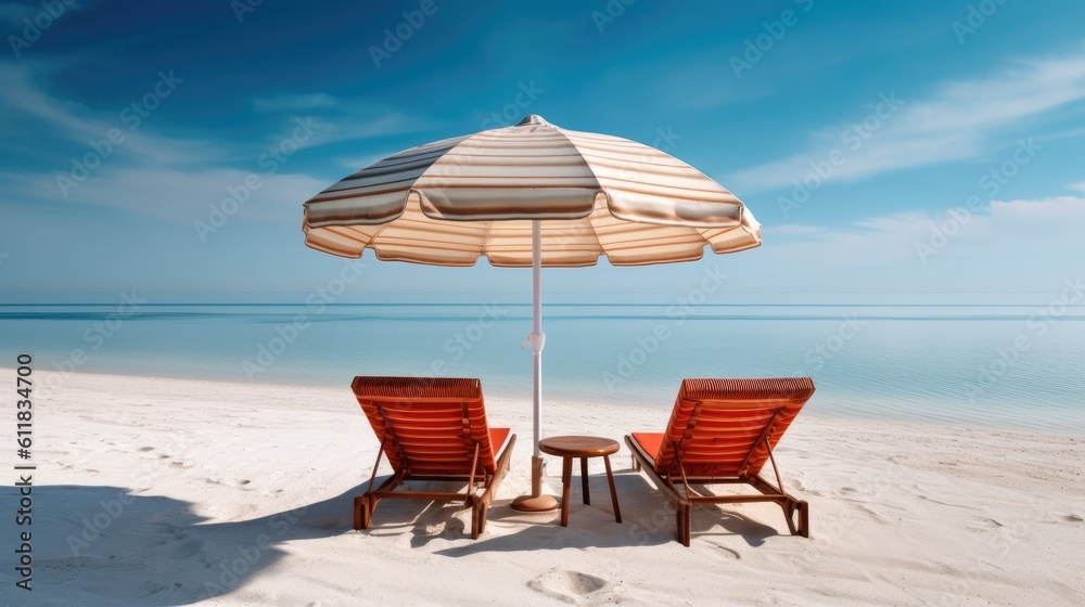 Chairs on Beach,Blue sea and white sand beach with beach chairs and parasol, Vacations and holiday travel concept, AI generated.