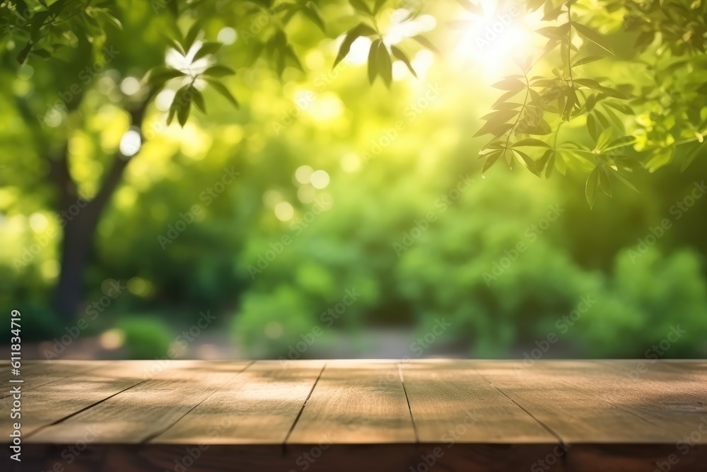 Wood floor with green plant foreground, Wooden floor with green leaves in park bokeh background, AI generated. Wood floor with green plant foreground, Wooden floor with green leaves in park bokeh background, AI generated.