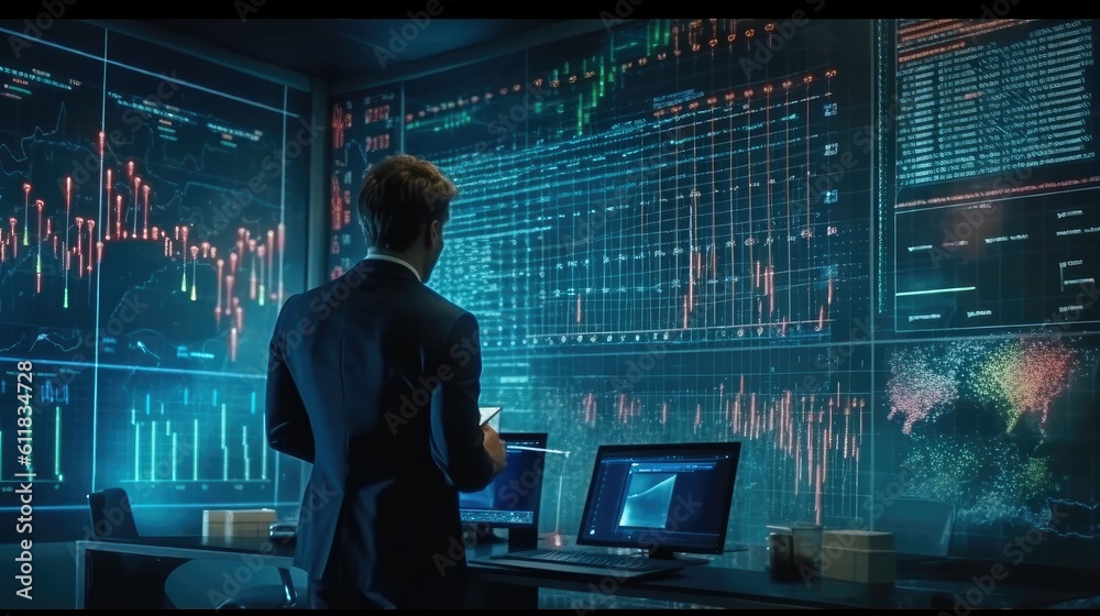 Businessman is meticulously analyzing stock indicators, planning for positive business growth, Successful business performs effective decision making strategy, AI generated.