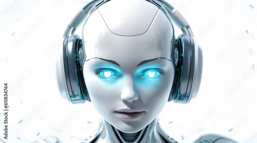 Cyborg woman side view banner, High tech Ai bot background with copy space for text, AI generated. Cyborg woman side view banner, High tech Ai bot background with copy space for text, AI generated.