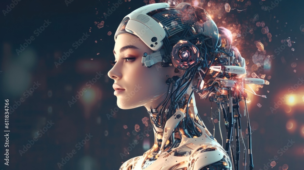 AI robot profile, Section showing the brain and internal working system, AI generated. AI robot profile, Section showing the brain and internal working system, AI generated.