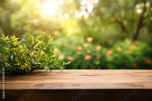 Product display concept of wooden floor at blur trees in park bokeh background in summer, AI generated. © visoot