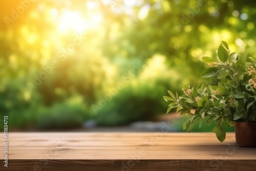 Wood floor with green plant foreground, Wooden floor with green leaves in park bokeh background, AI generated. © visoot