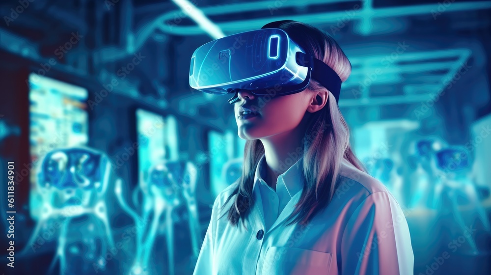 Medicine doctor wearing virtual reality glasses, Checking diagnosis of