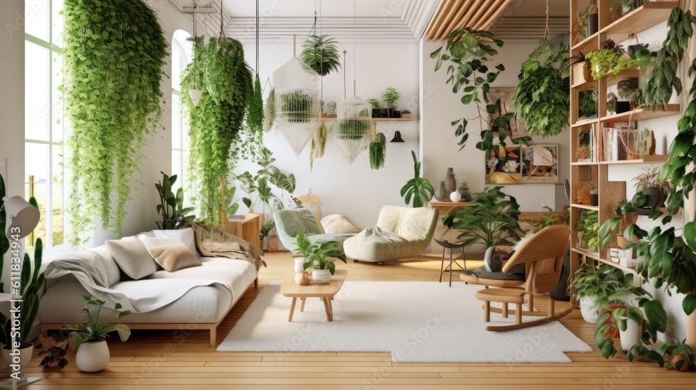 Modern living room design, Elegant home decor, Living room interior with sofas and green plants, Neutral living room, AI generated.