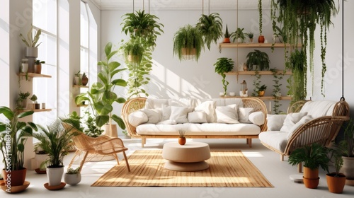 Living room interior with sofas and green plants  Home decor and couches with green environmental theme  Neutral living room  AI generated.