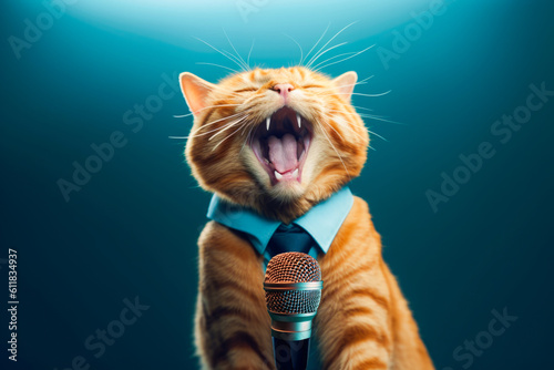 Portrait of a cat Jazz musician singing into a microphone, Generative AI