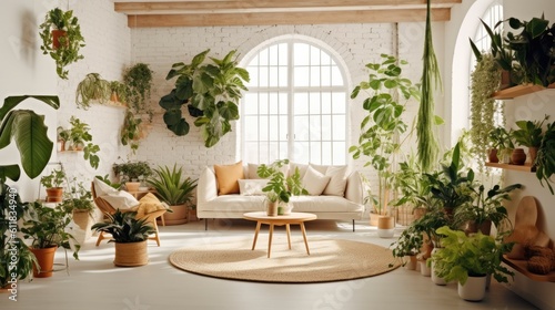 Living room with lots of flowers and plants  Modern home decor  AI generated.