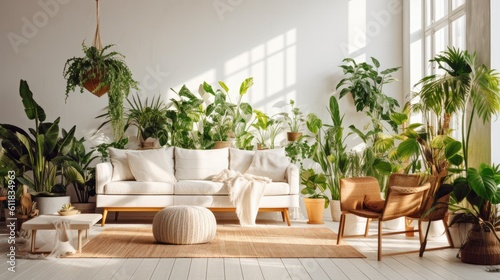Spacious living room interior with plants, Interior living room, AI generated.