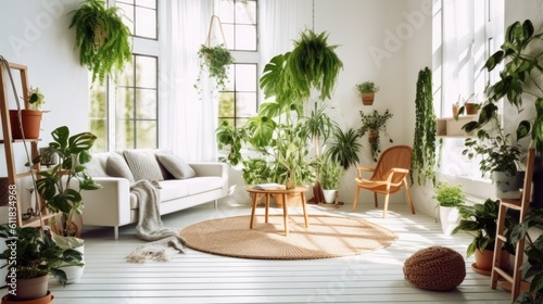 Living room with lots of flowers and plants  Modern home decor  AI generated.