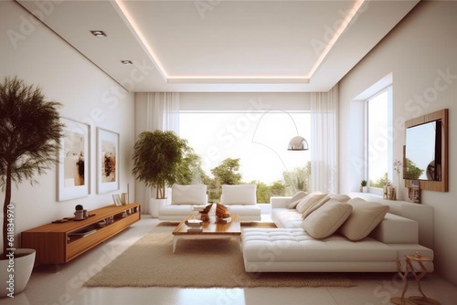 Modern living room interior design with decoration and empty mock up picture frames  Luxurious interior design   AI generated.