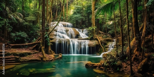 Landscape Waterfall Tropical forest  Panoramic beautiful deep forest waterfall  AI generated.