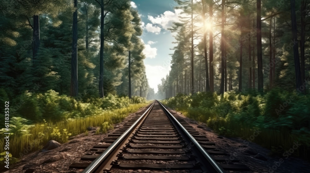 Forest trees along a railroad on an summer afternoon, Train tracks travel concept, Train Travel Landscape Background, AI generated.