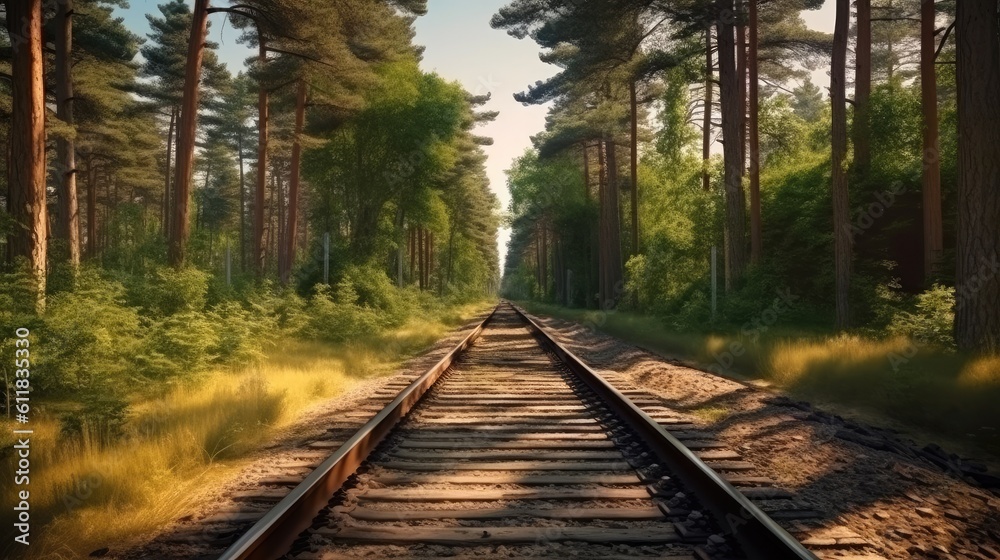Train with Forest trees along a railroad, Train travels, Trees along the railway, AI generated.