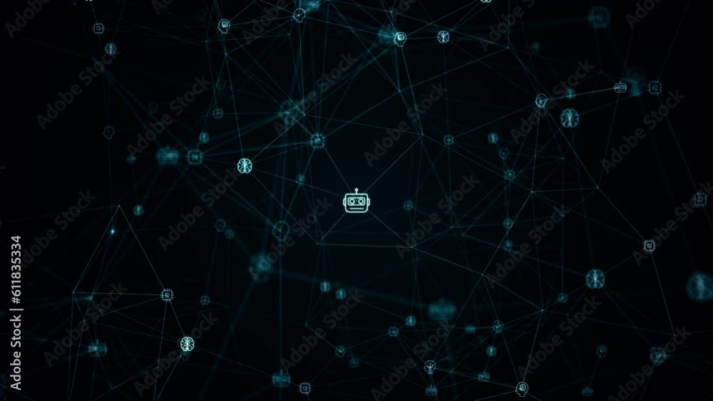 Motion graphic Blue digital ai icons linked on grid mesh and line connection rotation on futuristic abstract background technology artificial intelligence and ai assistant concept seamless loop video Motion graphic Blue digital ai icons linked on grid mesh and line connection rotation on futuristic abstract background technology artificial intelligence and ai assistant concept seamless loop video