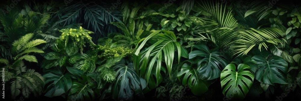 Natural green wallpaper and background, Monstera, fern and palm leaves tropical foliage plant bush nature backdrop, AI generated.