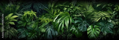 Natural green wallpaper and background  Monstera  fern and palm leaves tropical foliage plant bush nature backdrop  AI generated.