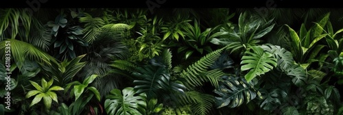 Nature wall, Tropical rainforest foliage plants bushes, ferns, palm, Philodendrons and tropical plants leaves, Nature background of green forest, AI generated.