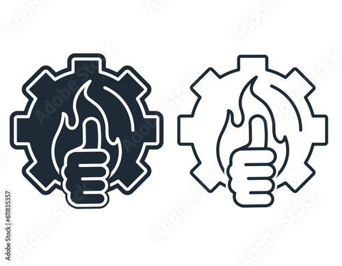 Hand gesture thumb up with fire and gear. Powerful new features.Vector linear icon isolated on white background.
