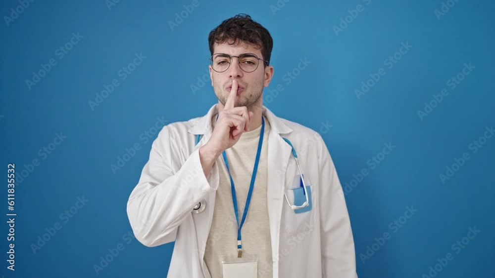 Young hispanic man doctor asking for silent over isolated blue background Young hispanic man doctor asking for silent over isolated blue background