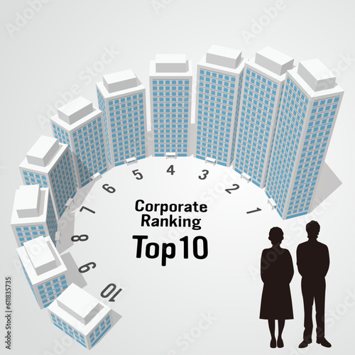 企業ランキングトップ10のインフォグラフィック　ビル街　ベクターイラストレーション