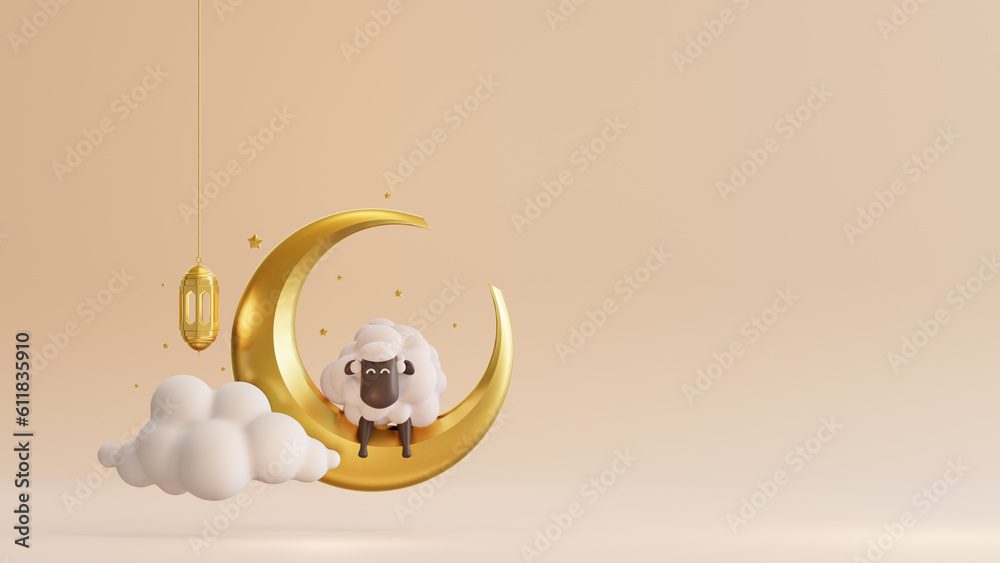 Islamic eid al adha background with lantern and sheep 3D illustration. 