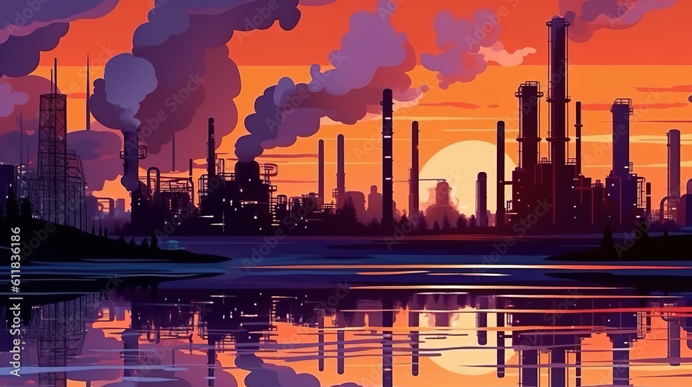 Oil refinery on water side front at night. Generative Ai Oil refinery on water side front at night. Generative Ai
