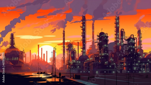 Industry manufacture landscape with pipes and tanks gas production rigs. Generative Ai