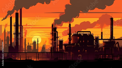 Fényképezés Oil refinery on water side front at night. Generative Ai