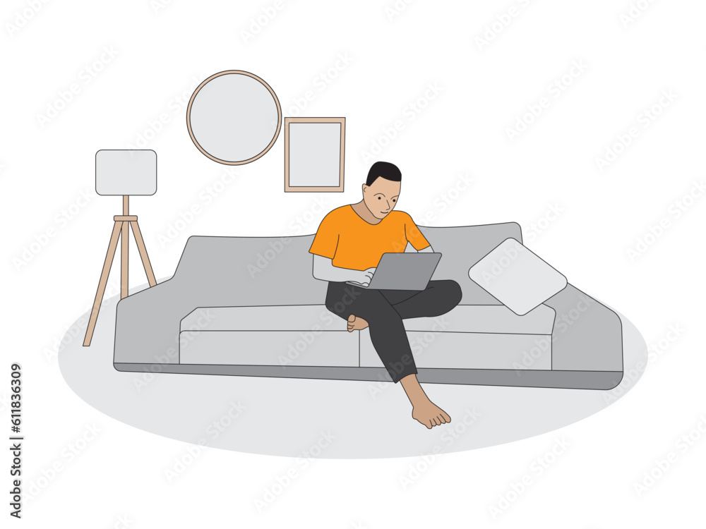 Business man working on a sofa using laptop from home flat coloring line art minimal illustration