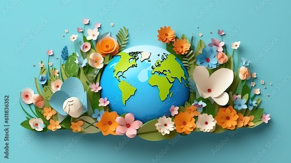 Naklejka premium Wild animals and Natural botanical paper art style with copy space. Generative Ai