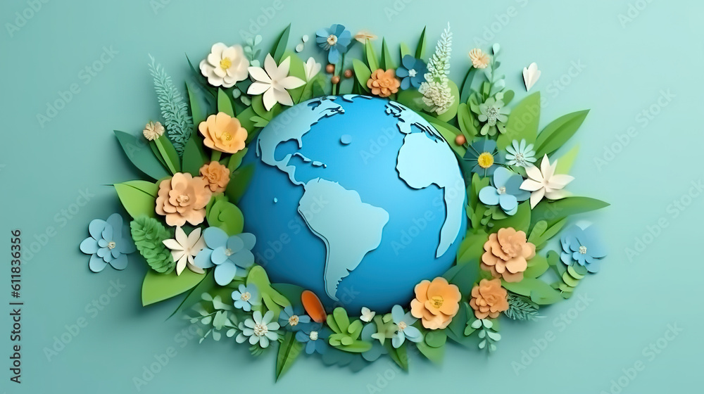 Earth day concept with flowers and butterfly paper cut style. Generative Ai