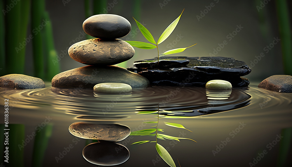Stack of stone are on water or river with  blur bamboo  background in Zen spa room to prepare for treatment a customer with a natural hygiene wellness healthy spa, Generative AI