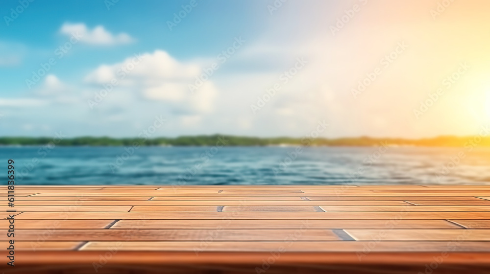 Wooden desk of free space and summer ocean landscape. Generative Ai