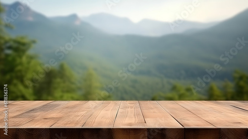 Empty wooden table on mountain background, Desk of free space for product display. Generative Ai