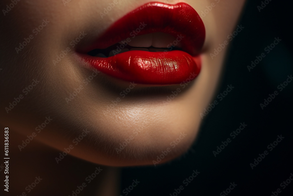 Fototapeta premium A healthy human lips with red lipstick , Skincare and beauty and cosmetic concept , Generative AI