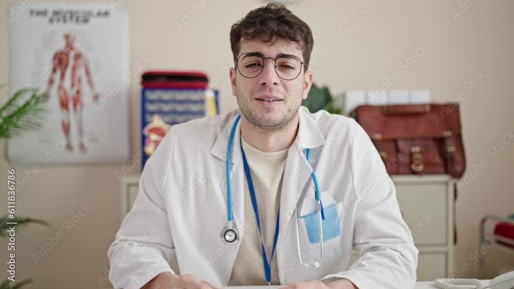 Young hispanic man doctor talking to the camera at clinic Young hispanic man doctor talking to the camera at clinic